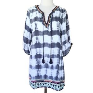 NEW $138 Tolani Jenna Dress XS Blue Tie Dye Embroidered Trim Boho Hippie Tassel